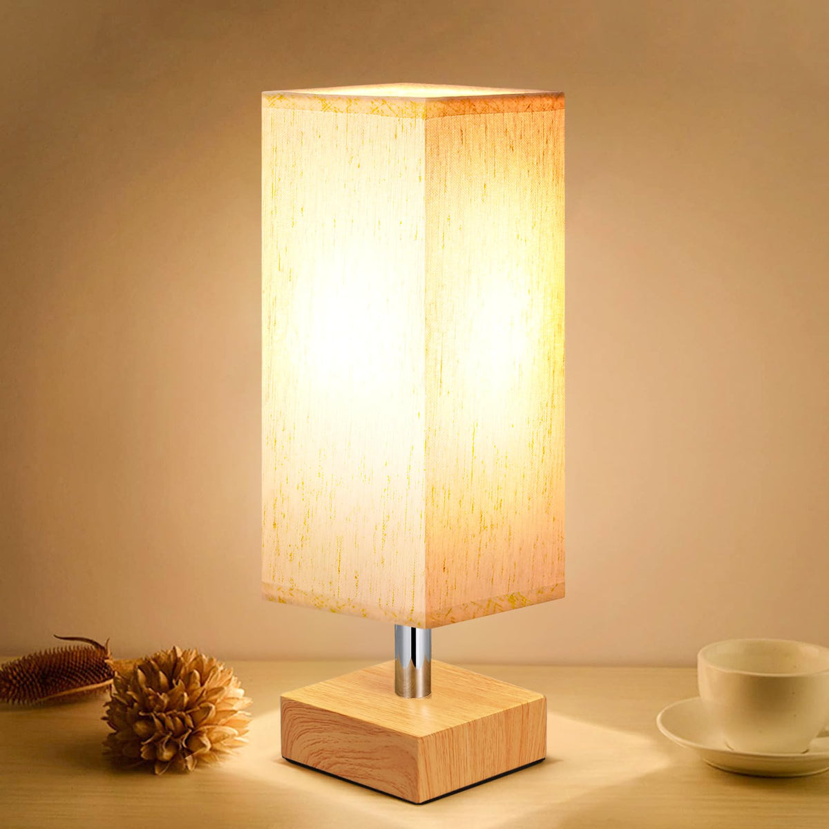 aooshine Small Bedside Table Lamp for Bedroom - Square Cream Fabric Shade