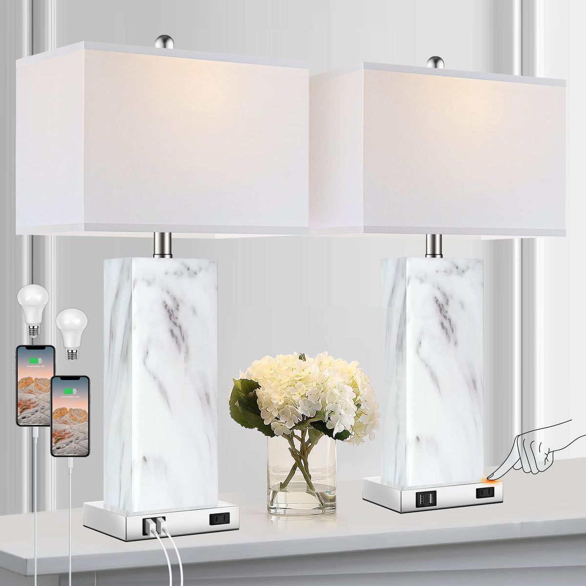 Touch Control Table Lamps with White Fabric Shade Set of 2, 3-Way Dimmable Modern Ceramic Blue Nightstand Bedside Lamp with 2 USB Ports 1 AC Outlet for Living Room, Bedroom (LED Bulbs Included)