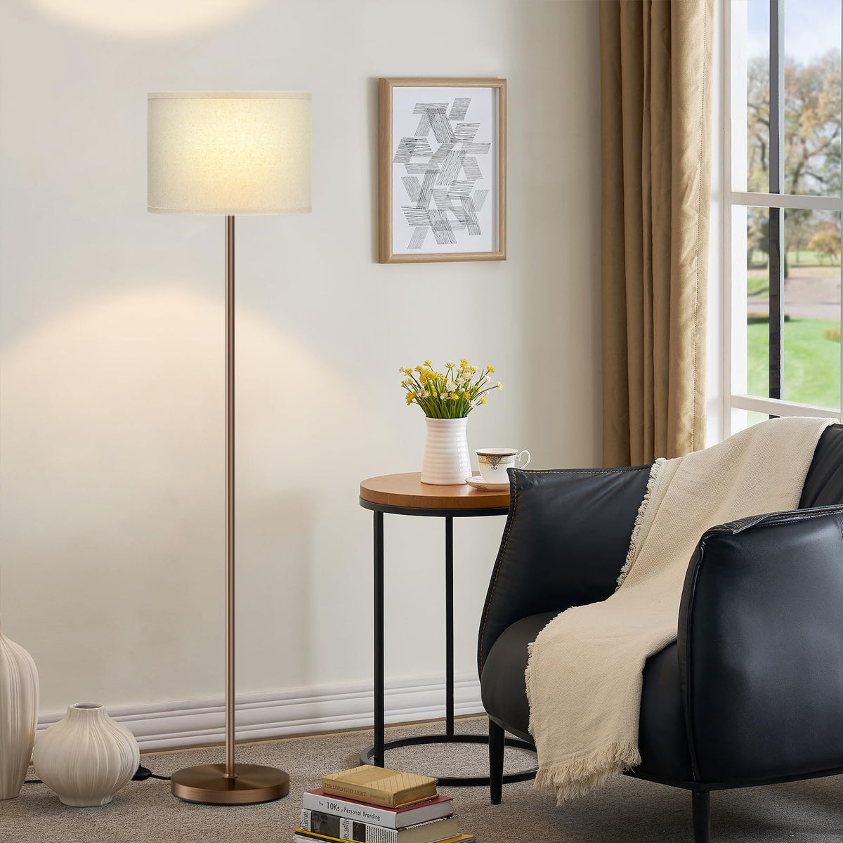 Ambimall 60'' Modern Floor Lamp with Shade, Tall Lamps for Living Room, Bedroom, Office, Dining Room, Beige Shade with Gold Pole(Without Bulb)
