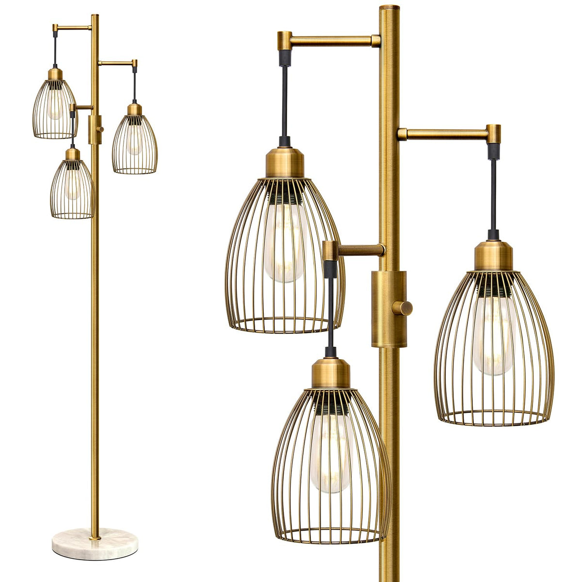 Dimmable Floor Lamp, Industrial Floor Lamps for Living Room, Gold Tree Lamp Standing Lamp Tall Lamps with 3 Elegant Teardrop Cage Head & 800 Lumens LED Bulbs for Living room Bedroom Office Dining Room