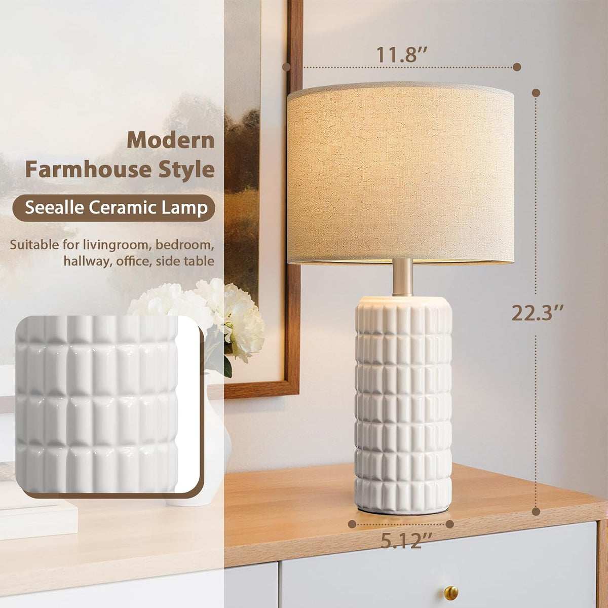 Seealle 23" Modern Ceramic Table Lamps Set of 2, Lamps for Bedroom, White