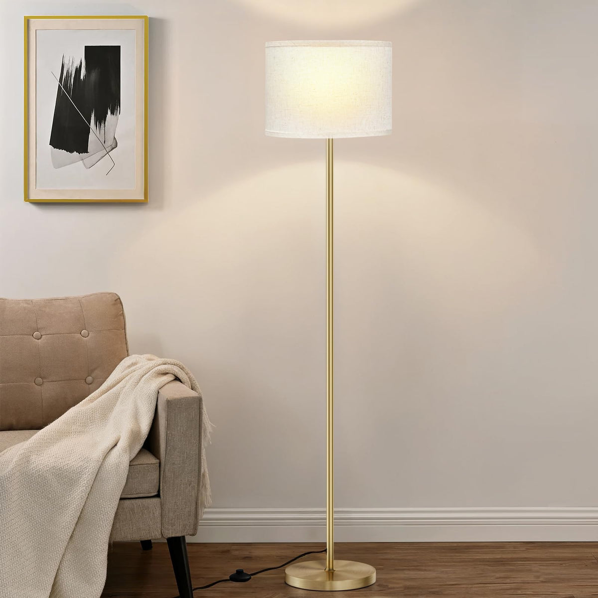 Ambimall 60'' Modern Floor Lamp with Shade, Tall Lamps for Living Room, Bedroom, Office, Dining Room, Beige Shade with Brown Pole(Without Bulb)