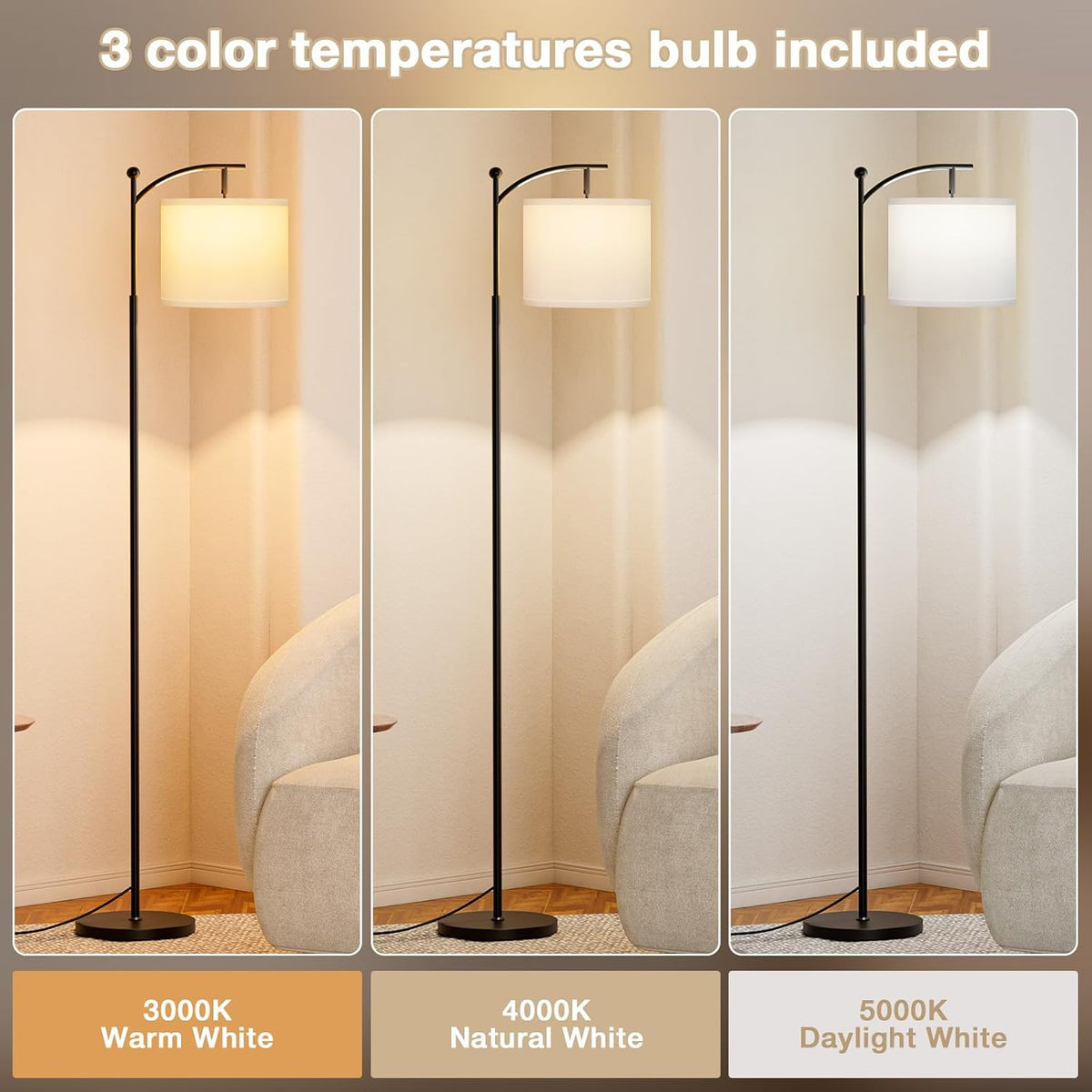 Ambimall 60" Floor Lamp with 3 Color Temperatures, Adjustable White Shade, Black Pole - Tall Lamp for Living Room, Bedroom, Office, Classroom, Dorm - 9W Bulb Included