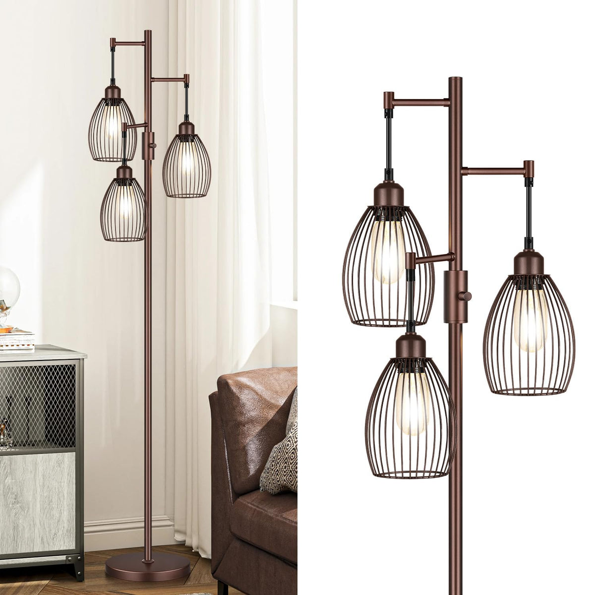 Dimmable Floor Lamp, Industrial Floor Lamps for Living Room, Gold Tree Lamp Standing Lamp Tall Lamps with 3 Elegant Teardrop Cage Head & 800 Lumens LED Bulbs for Living room Bedroom Office Dining Room