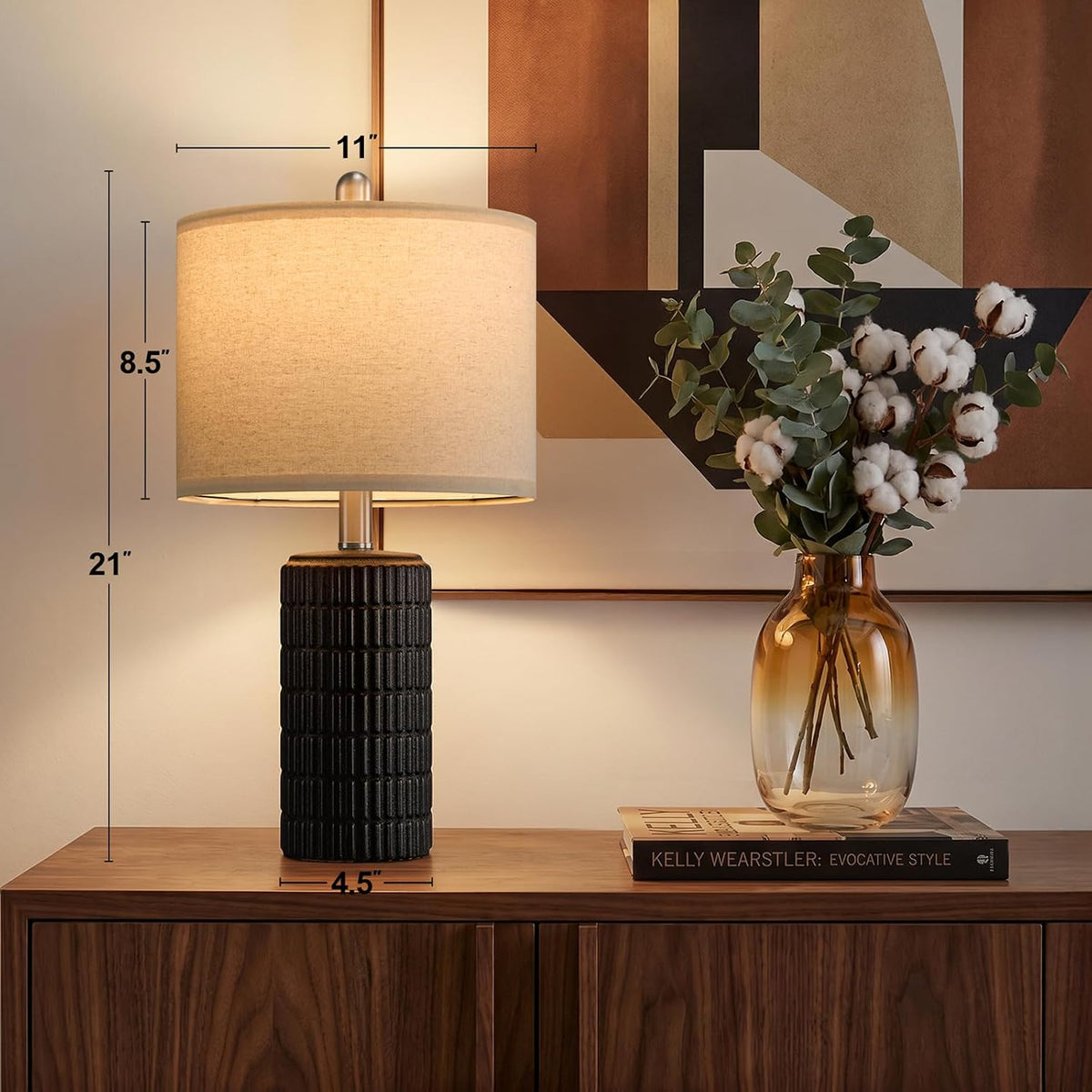PoKat 21'' Black Table Lamp with Gift Box, Small for Bedroom, Stone-Like