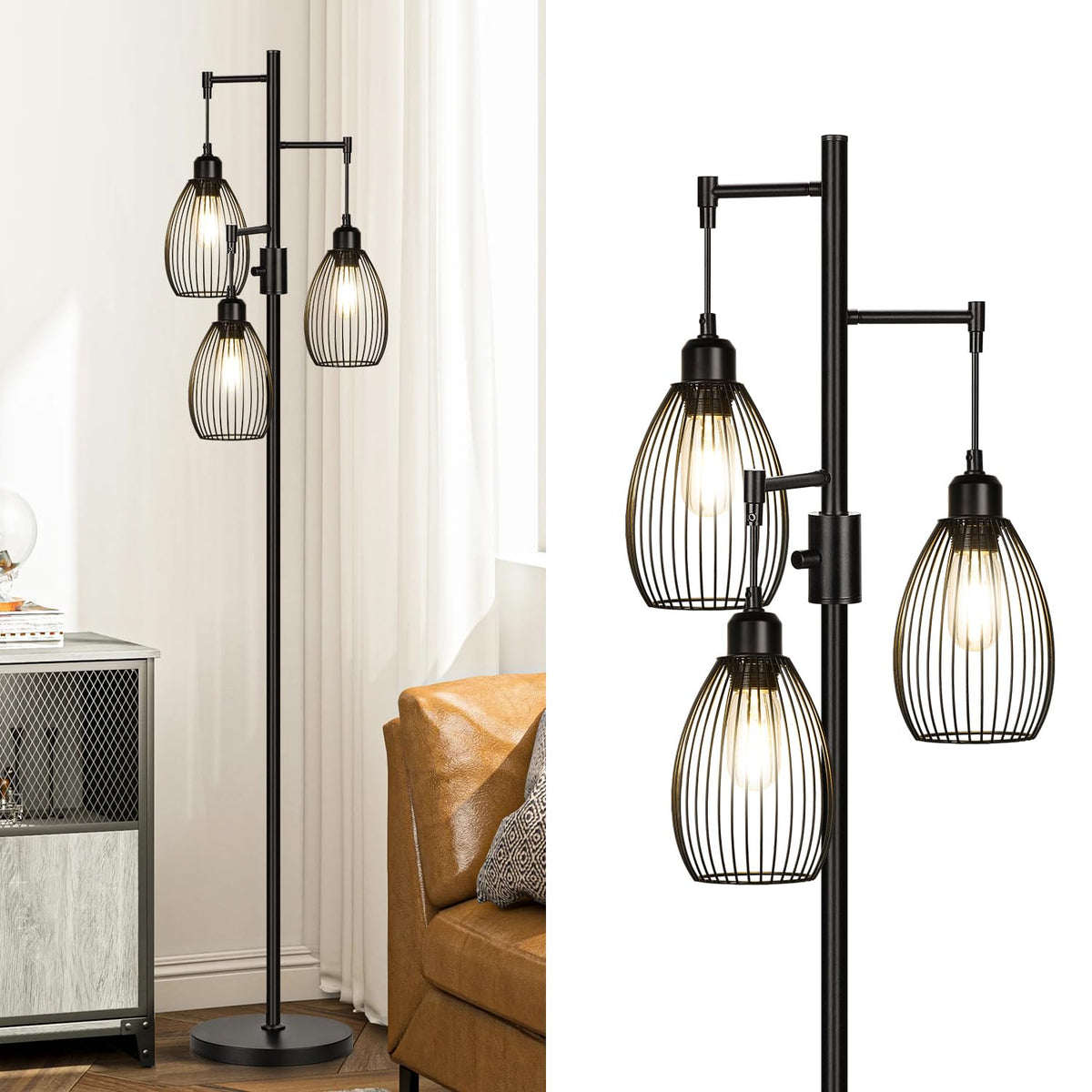 Dimmable Floor Lamp, Industrial Floor Lamps for Living Room, Gold Tree Lamp Standing Lamp Tall Lamps with 3 Elegant Teardrop Cage Head & 800 Lumens LED Bulbs for Living room Bedroom Office Dining Room