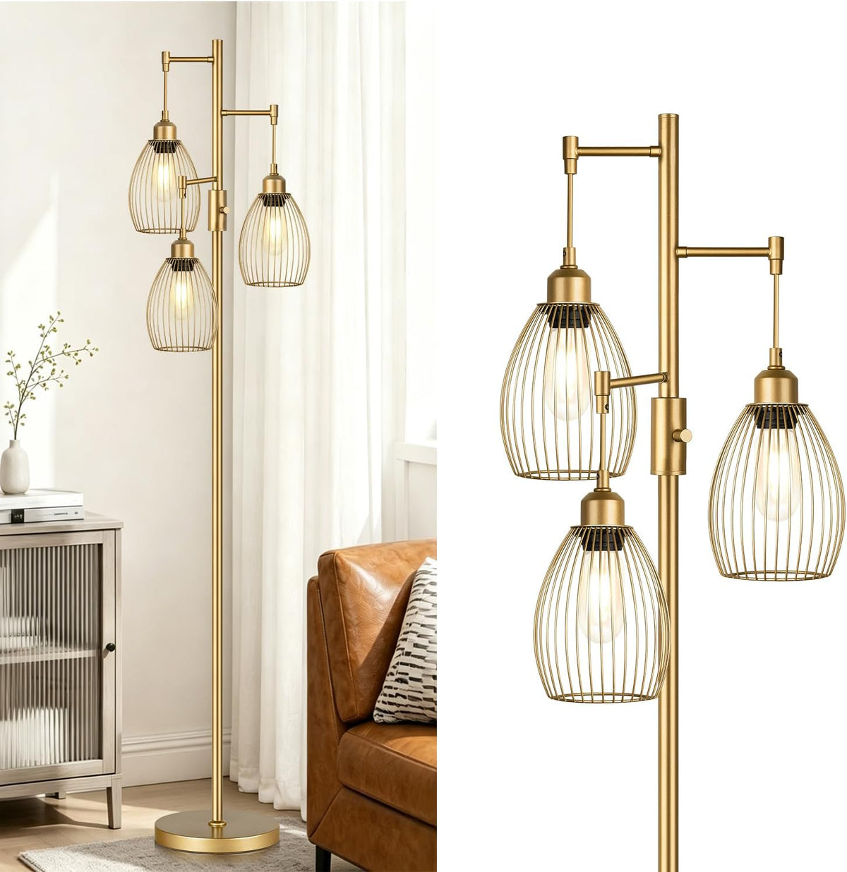 Dimmable Floor Lamp, Industrial Floor Lamps for Living Room, Gold Tree Lamp Standing Lamp Tall Lamps with 3 Elegant Teardrop Cage Head & 800 Lumens LED Bulbs for Living room Bedroom Office Dining Room