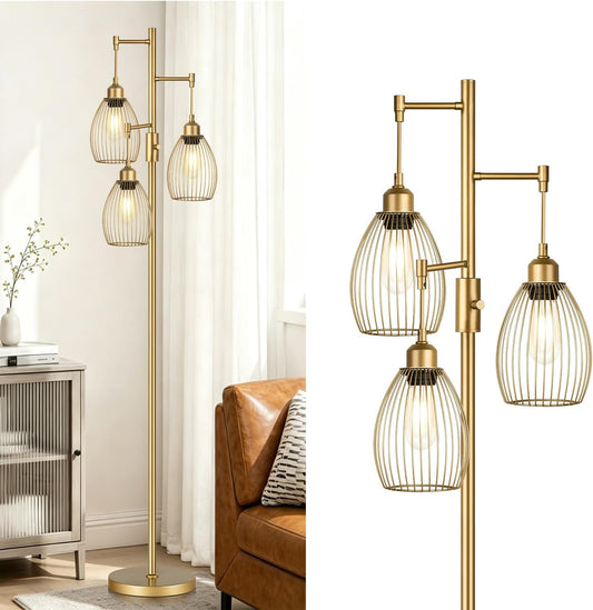 Dimmable Floor Lamp, Industrial Floor Lamps for Living Room, Gold Tree Lamp Standing Lamp Tall Lamps with 3 Elegant Teardrop Cage Head & 800 Lumens LED Bulbs for Living room Bedroom Office Dining Room