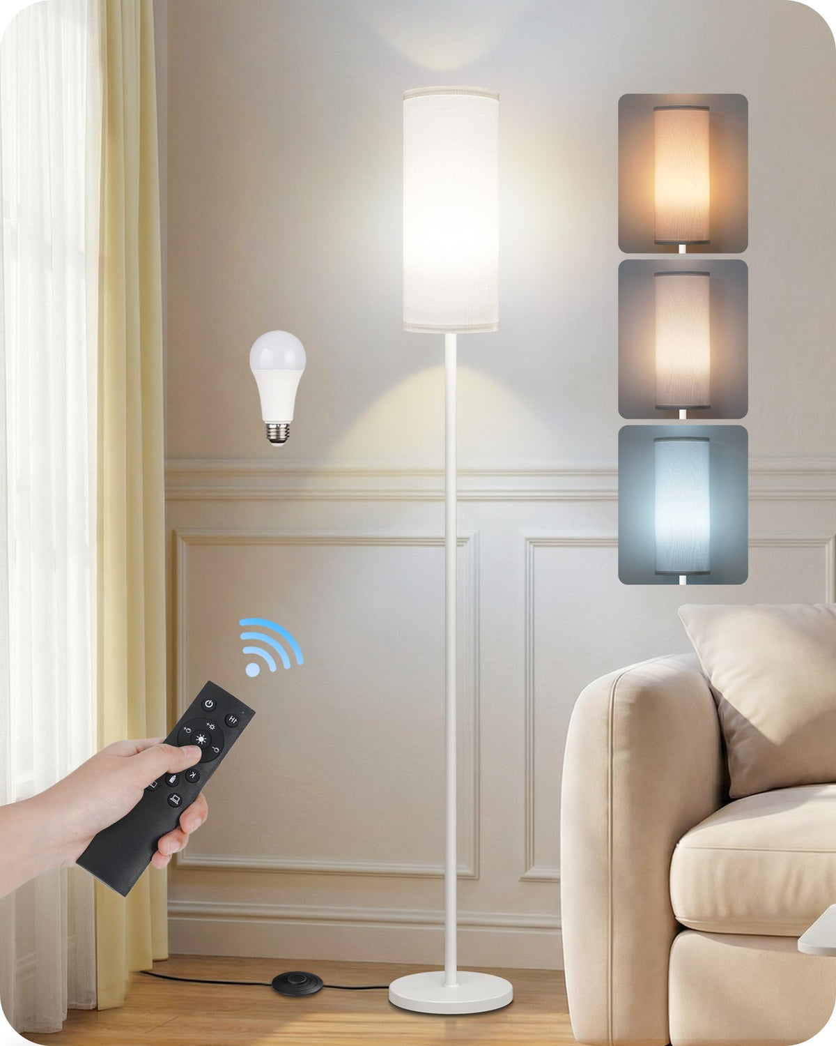 64.4” Slim Floor Lamp for Living Room with Magnetic Remote and Foot Switch, Dimmable Standing Tall Lamp Mood for Bedroom Nursery, 3 Color Temperatures, 1-Hour Timer,900LM Bulb Included,Beige E06LD05W1