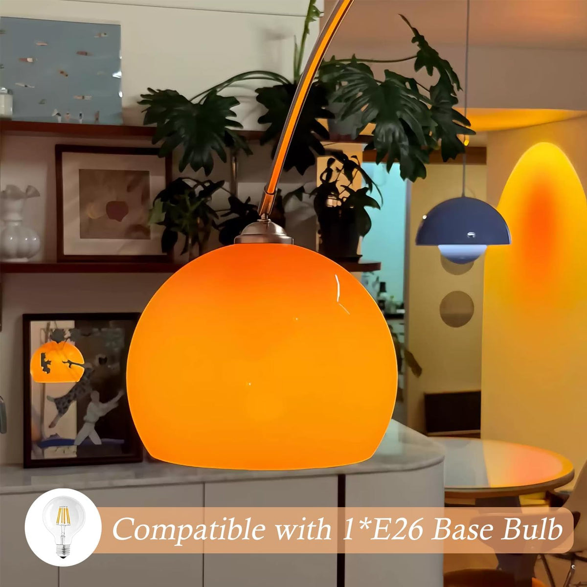 Orange Arc Floor Lamps for Living Room,Mid Century Modern,Marble Base
