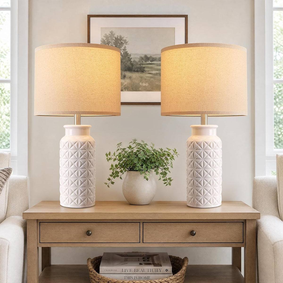 Innqoo 22.6" Modern Ceramic Bedside Lamps Set of 2, Lamps for Bedroom,White