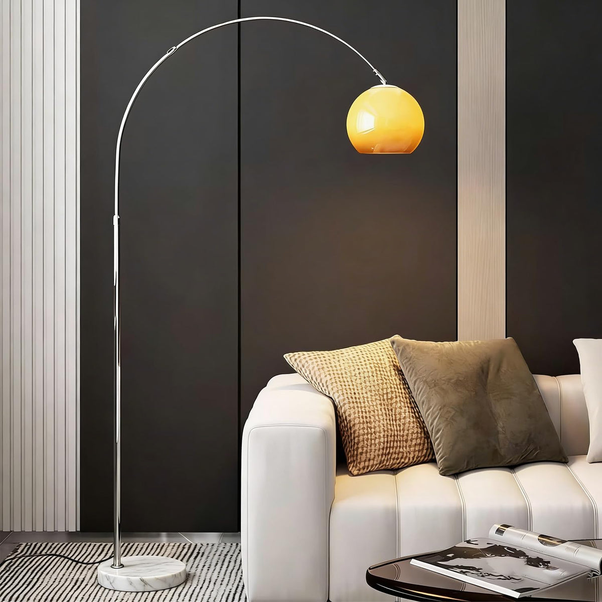Orange Arc Floor Lamps for Living Room,Mid Century Modern,Marble Base