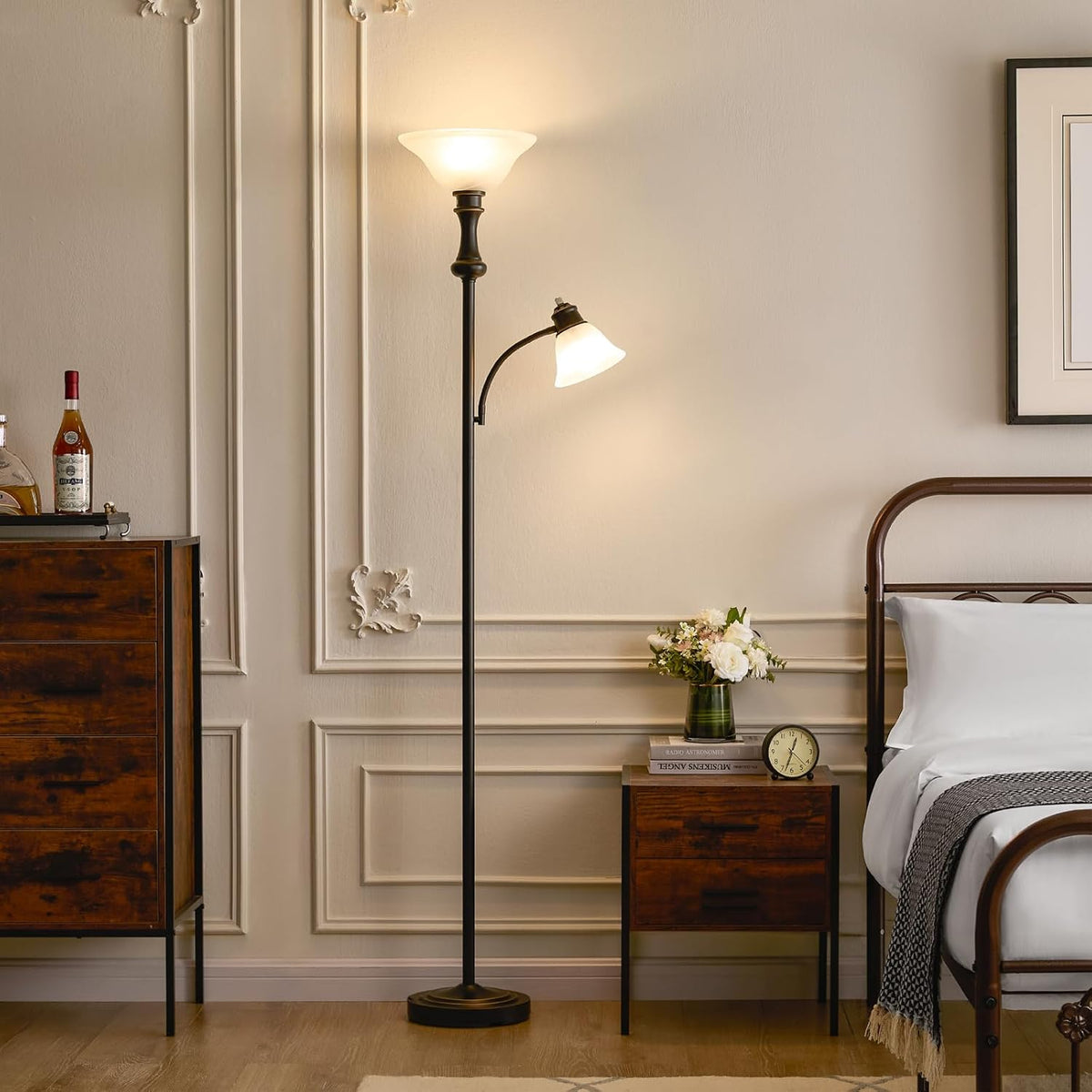 Torchiere Floor Lamp with Adjustable Angle Reading Lamp-Black 71IN