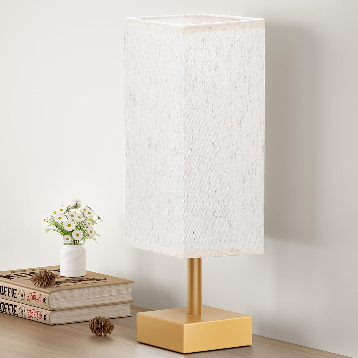 aooshine Small Bedside Table Lamp for Bedroom - Square Cream Fabric Shade