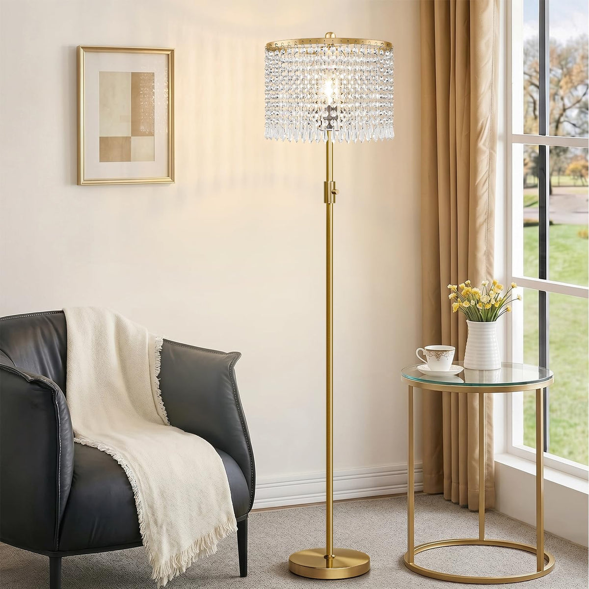 【Upgraded】 Dimmable Crystal Floor Lamps for Living Room, 1000LM LED Bulb Included, Standing Lamp with Knob Switch, Tall Silver Modern Floor Lamp for Bedroom Nursery Office Reading