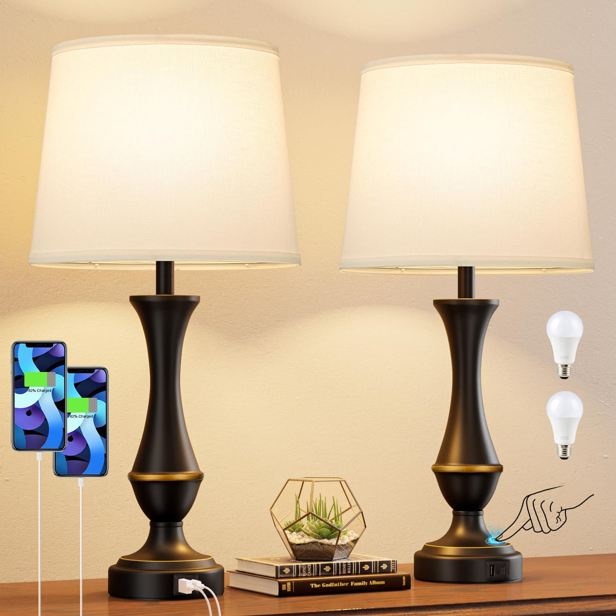 Touch Lamps for Nightstand, 3 Way Dimmable Lamps for Bedroom with USB C+A