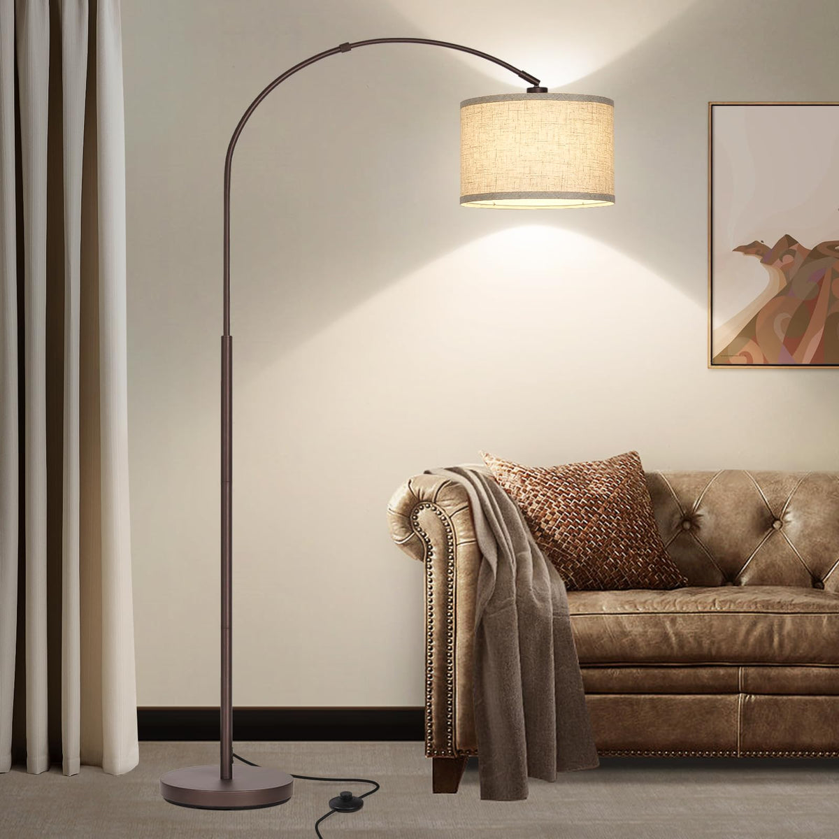 Seaside village Arc Floor Lamps for Living Room, Modern Standing Lamp with Adjustable Hanging Drum Shade, Tall Pole Lamp with Foot Switch, Over Couch Arched Reading Light for Bedroom, Office (Black)