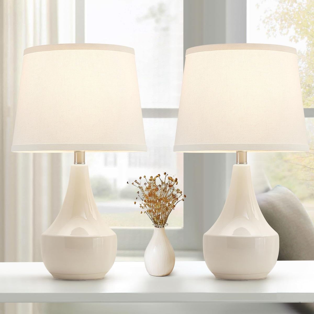 GyroVu 18" Table Lamp Set of 2, Ceramic Table Lamp Classic Beside Lamps Nightstand Lamp Modern Lamp for Living Room, Bedroom & Office Rocker Switch Sage Green-LED Bulbs Included