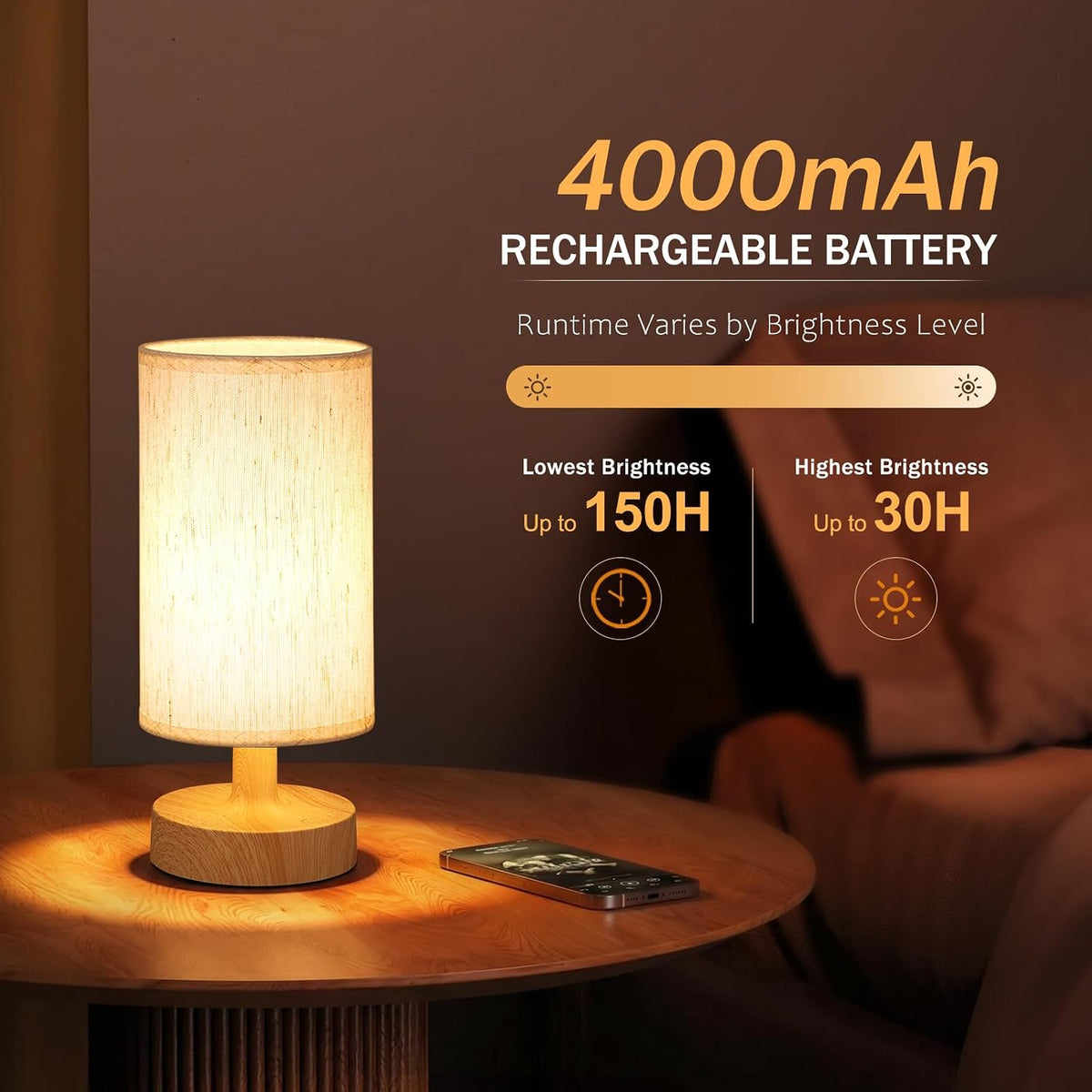 Kakanuo Cordless Table Lamp Rechargeable Small - 2 Pack Beige Wood, 4000mAh Battery Operated Lamp with Touch Control Stepless Dimming, Wireless Lamp for Bedside, Nightstand, Bedroom, Living Room