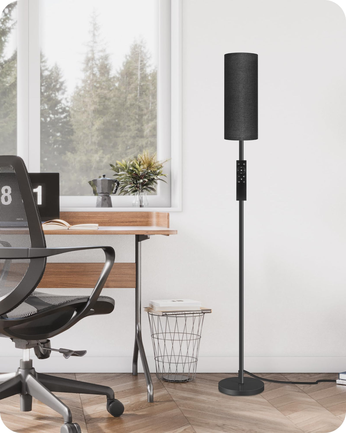 64.4” Slim Floor Lamp for Living Room with Magnetic Remote and Foot Switch, Dimmable Standing Tall Lamp Mood for Bedroom Nursery, 3 Color Temperatures, 1-Hour Timer,900LM Bulb Included,Beige E06LD05W1