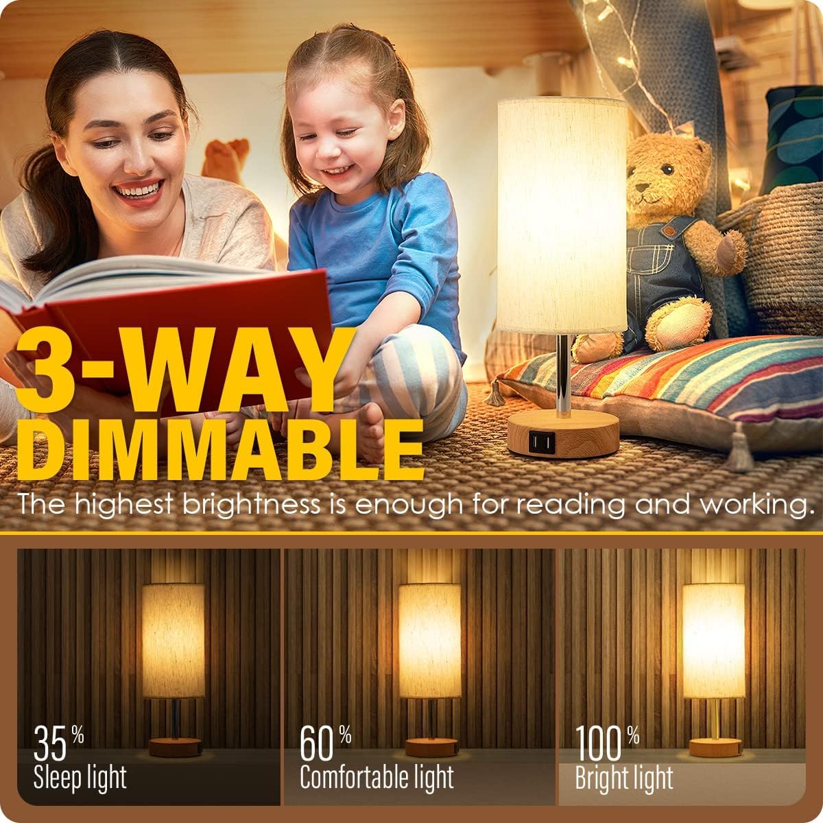 Yarra-Decor Bedside Table Lamp with USB Ports, Touch Dimmable Nightstand