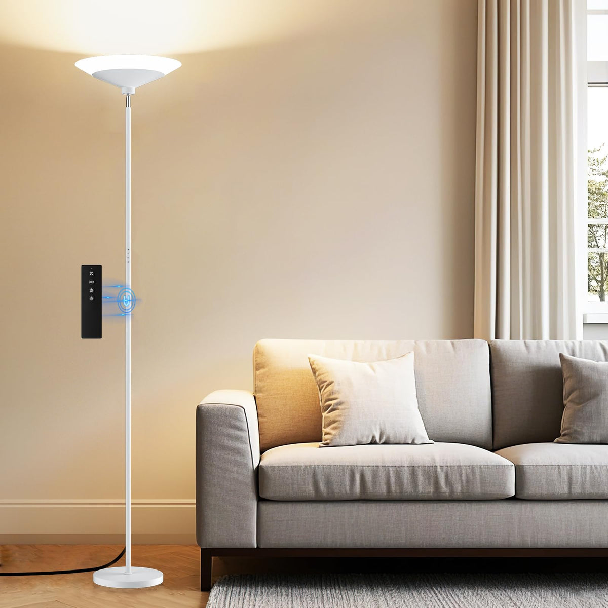 SIBRILLE Torchiere Floor Lamp - 72" Tall LED Standing Lamp with Remote/Button Control, 1800Lm, 3000-6500K, 30W Dimmable Modern Corner Floor Light for Living Room Bedroom Office Apartment, Black