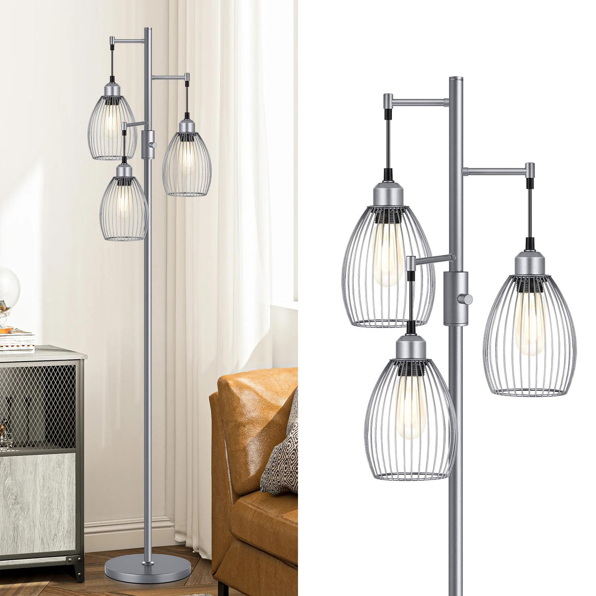 Dimmable Floor Lamp, Industrial Floor Lamps for Living Room, Gold Tree Lamp Standing Lamp Tall Lamps with 3 Elegant Teardrop Cage Head & 800 Lumens LED Bulbs for Living room Bedroom Office Dining Room