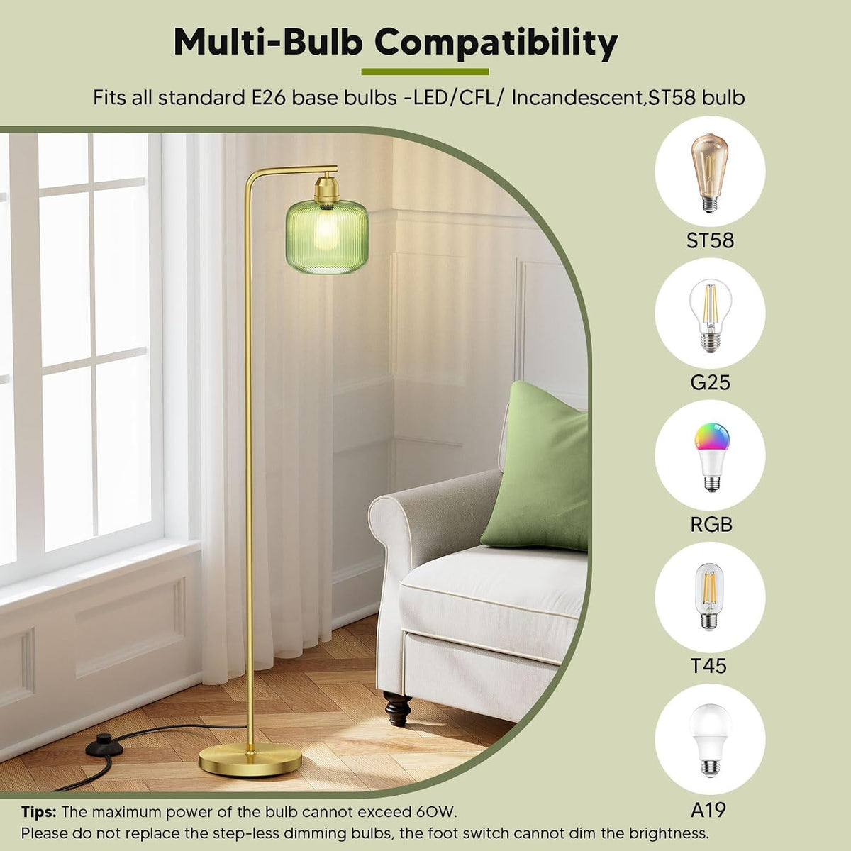 66" Gold Floor Lamp,Standing Lamp with Green Ribbed Glass for Living Room