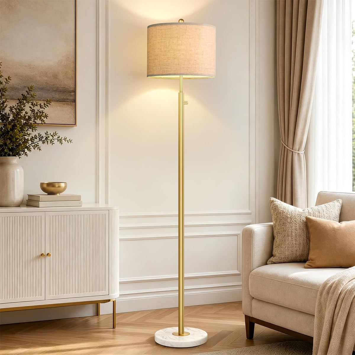 Nintiue Dimmable Gold Floor Lamp, Turkish Marble Base, White Linen Shade