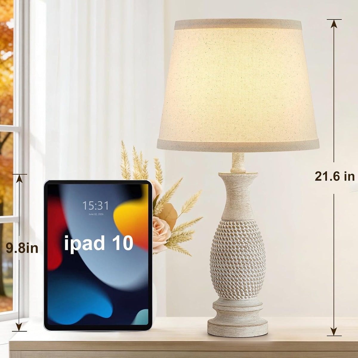 21.6" Table Lamps Set of 2, Resin Farmhouse Bedside Lamps for Bedroom Cream