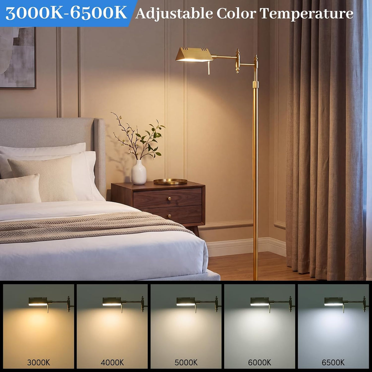 Bairth Gold Reading Floor Lamp, Dimmable Pharmacy Standing Lamp with Remote