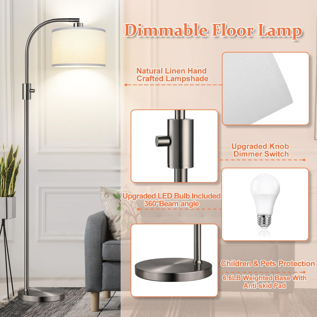 Nintiue Upgraded Modern Arc Dimmable Tall Standing Floor Lamp with Linen Shade, 1200 Lumens LED Bulb Included, for Living & Reading Room, Bedroom, Office & Nursery, Brushed Nickel
