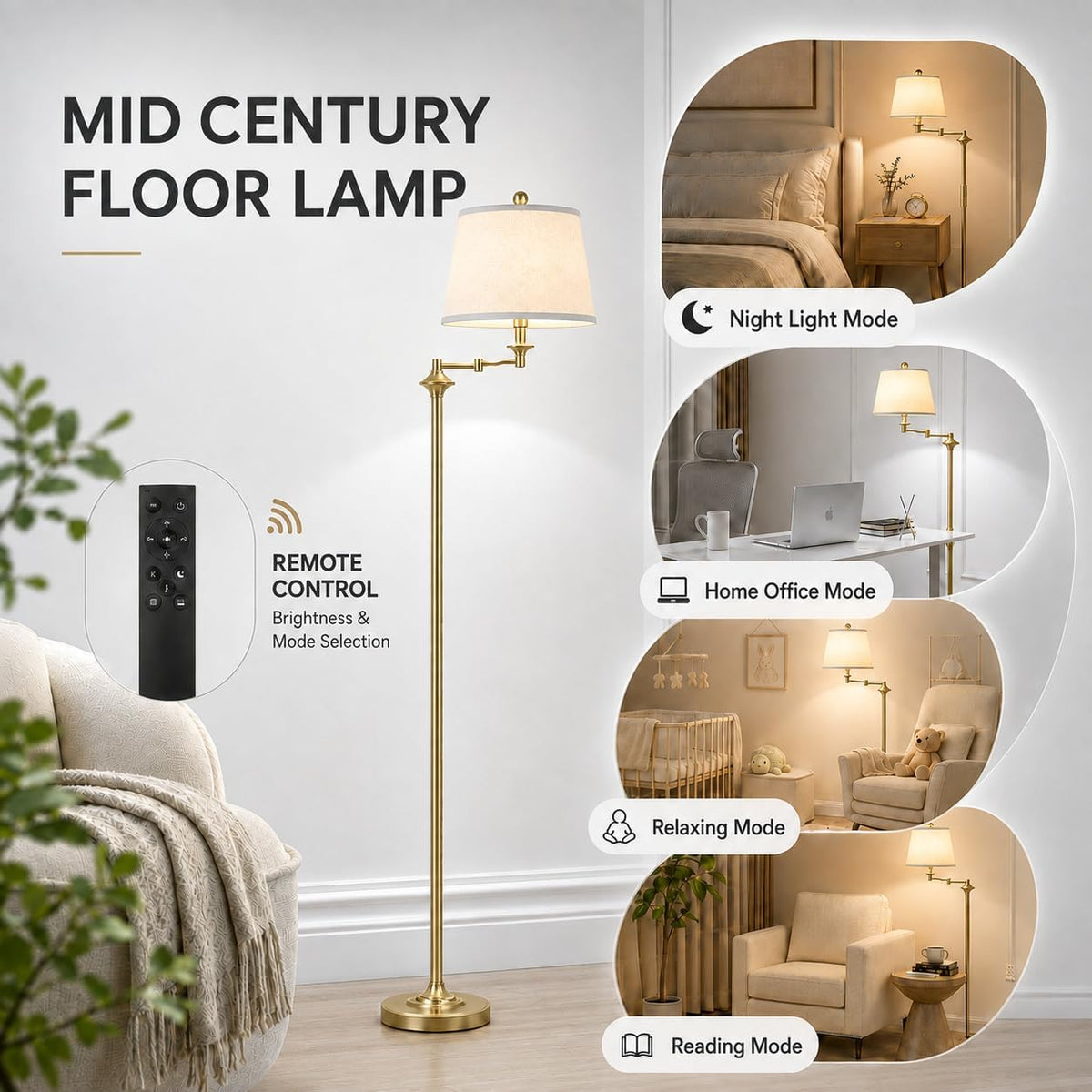Wio-Mio Vintage Gold Floor Lamp, 350° Adjustable Swing Arm for Living Room