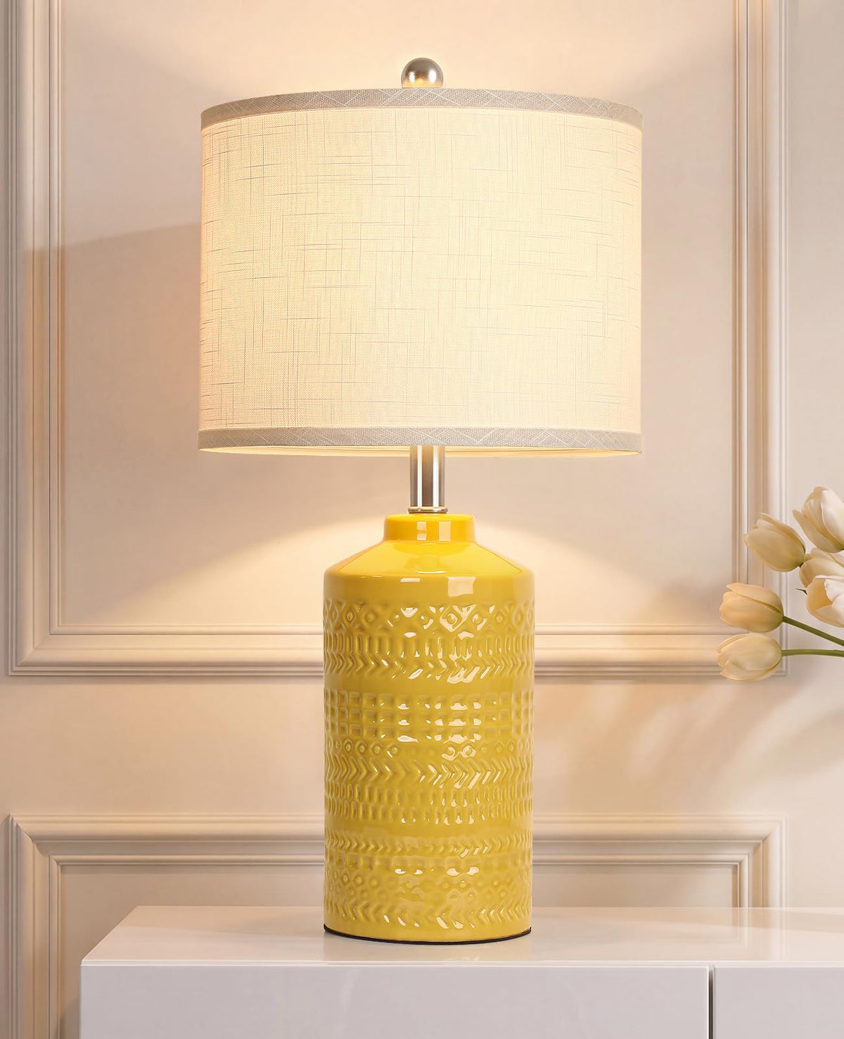 Modern Ceramic Table Lamp, 24.5" Living Room Lamps 3-Way Dimmable Gray Nightstand Lamp with White Shade|Tall Bedside Lamp Desk Decor Lamps for Bedrooms Farmhouse Office End Table Lamps(Bulb Included)