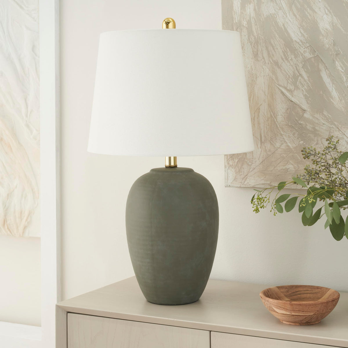 Nourison Home 23" Greyish Brown Earth Tone Rustic Farmhouse Ceramic Table Lamp for Bedroom, Living Room, Dining, Office, with Beige Linen Shade