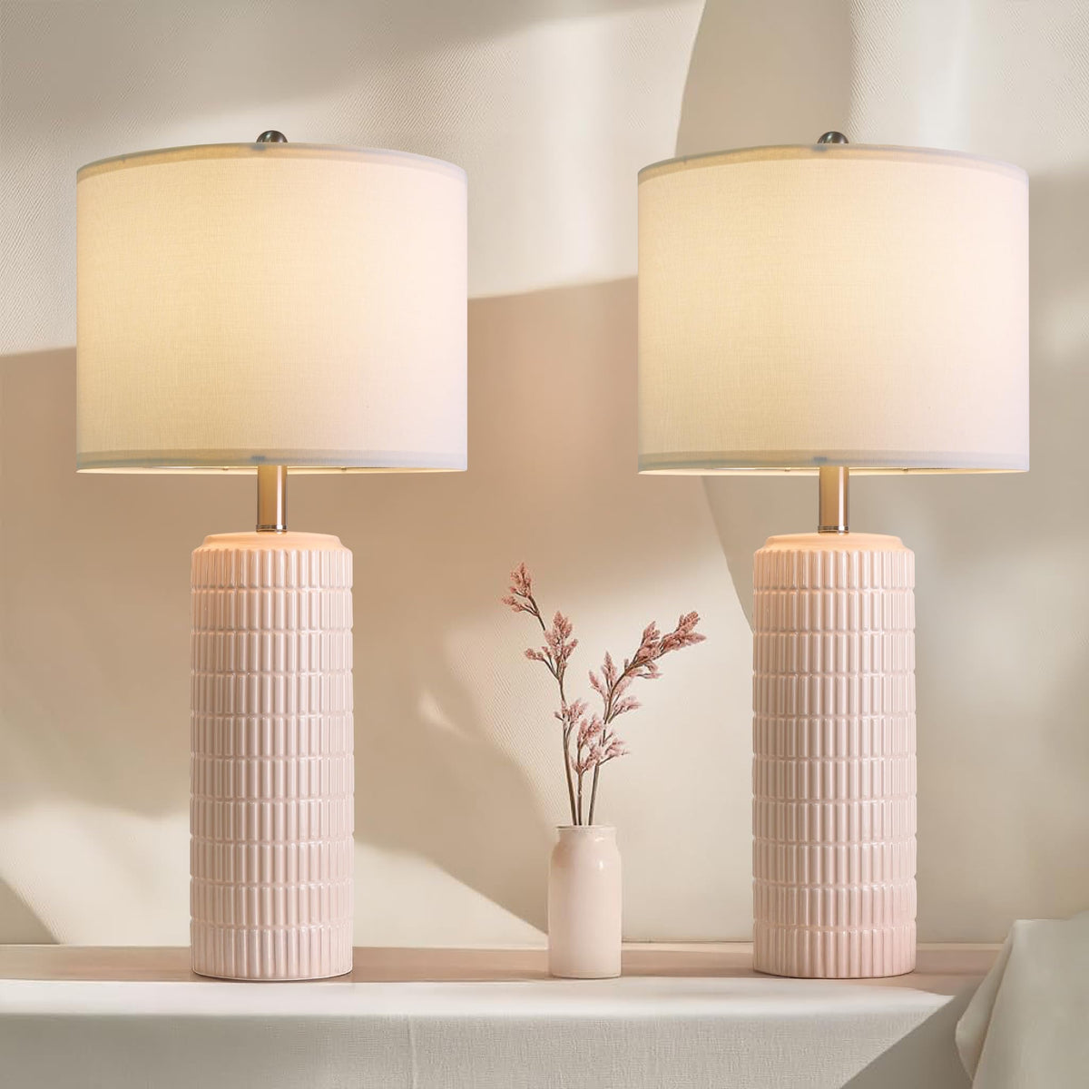 PoKat 23" Modern Ceramic Table Lamp Set of 2 for Living Room Bedroom, White