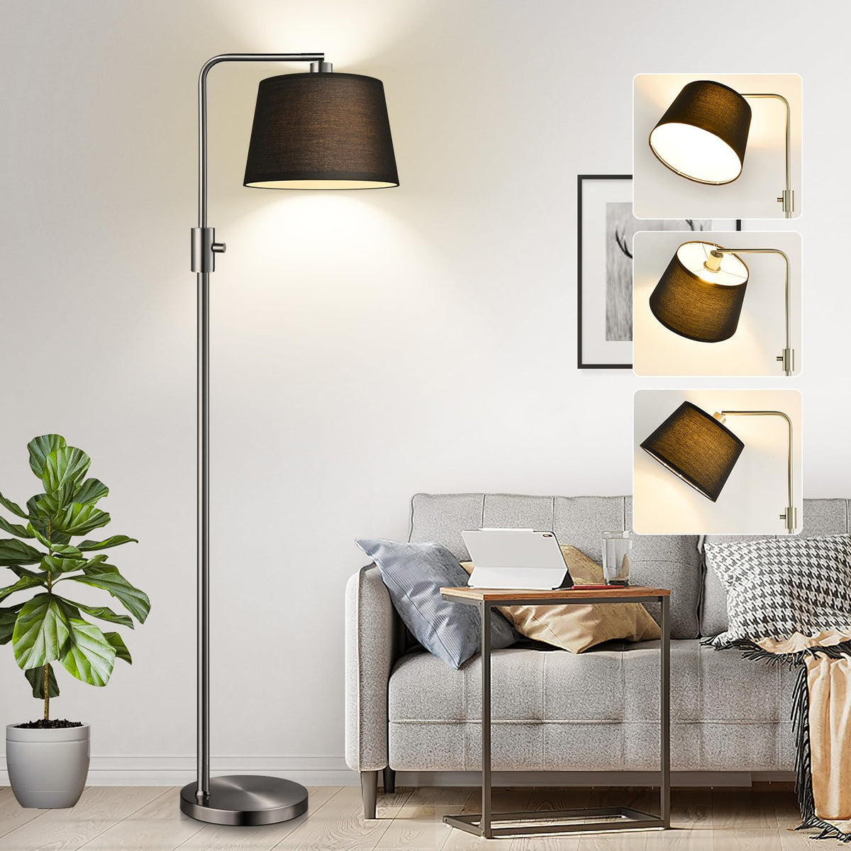 Nintiue 【Upgraded】 Dimmable Floor Lamp, 1000 Lumens LED Bulb Included, Arc Floor Lamps for Living Room Modern Standing Lamp with Linen Shade, Tall Lamp for Bedroom Office Reading Dining Room- Black