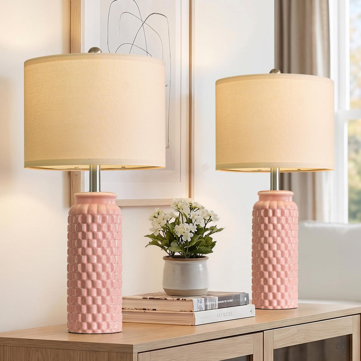 USumkky 25.75" Off-White Ceramic Table Lamp Set of 2, Mid Century Modern Bedside Nightstand Lamps for Bedroom Living Room, Linen Shade & Gold Metal Base, Rotary Switch E26 (Bulbs Excluded)
