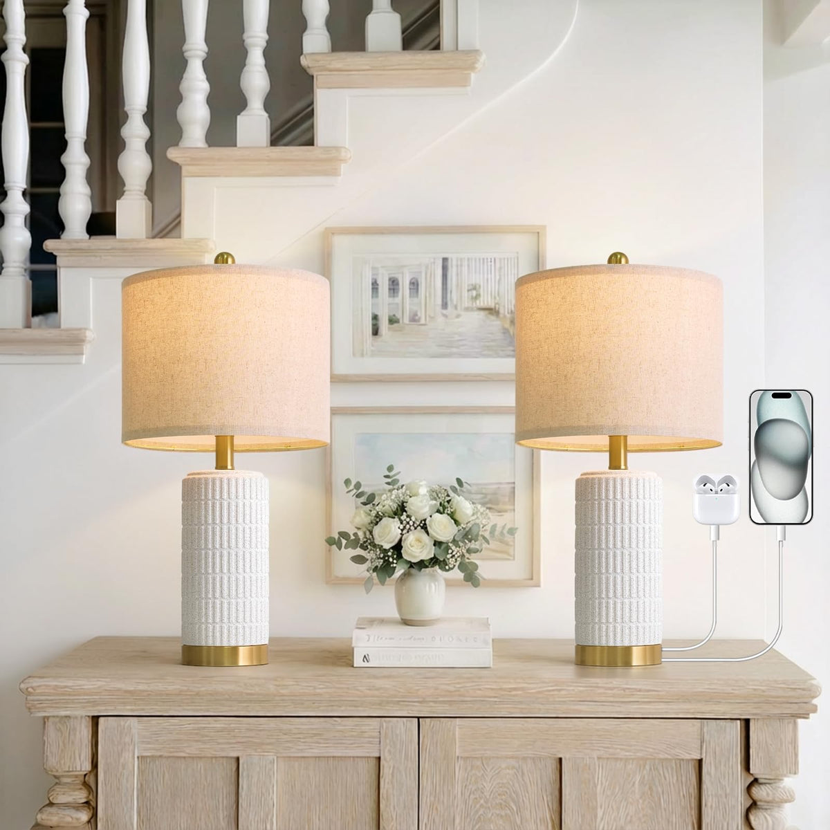 PoKat 20.75" Small Modern Ceramic Table Lamps Set of 2 for Bedroom, White