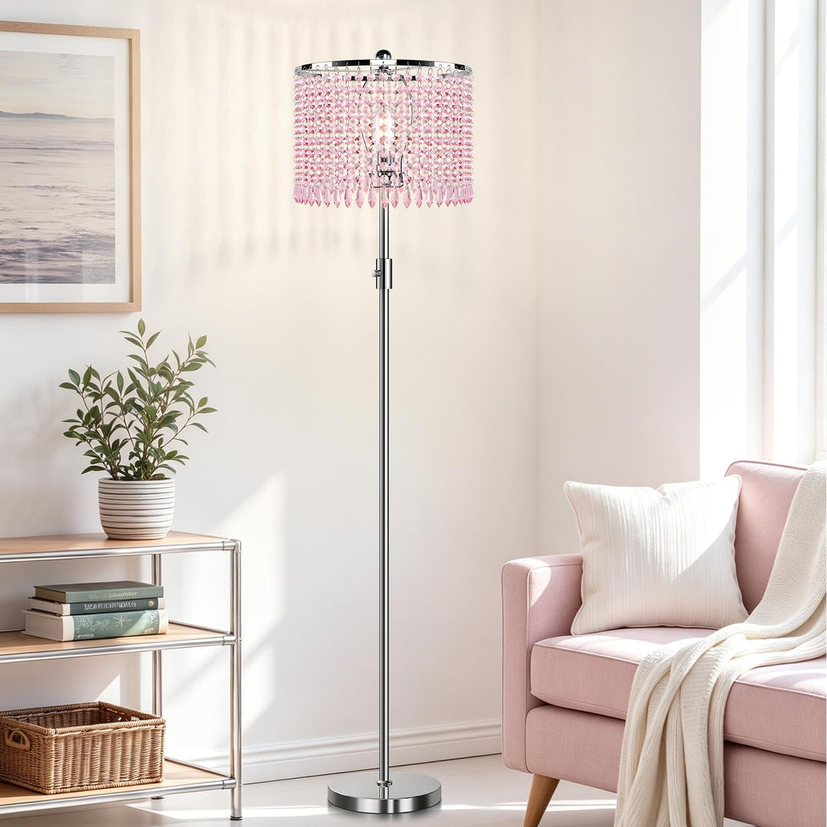 【Upgraded】 Dimmable Crystal Floor Lamps for Living Room, 1000LM LED Bulb Included, Standing Lamp with Knob Switch, Tall Silver Modern Floor Lamp for Bedroom Nursery Office Reading