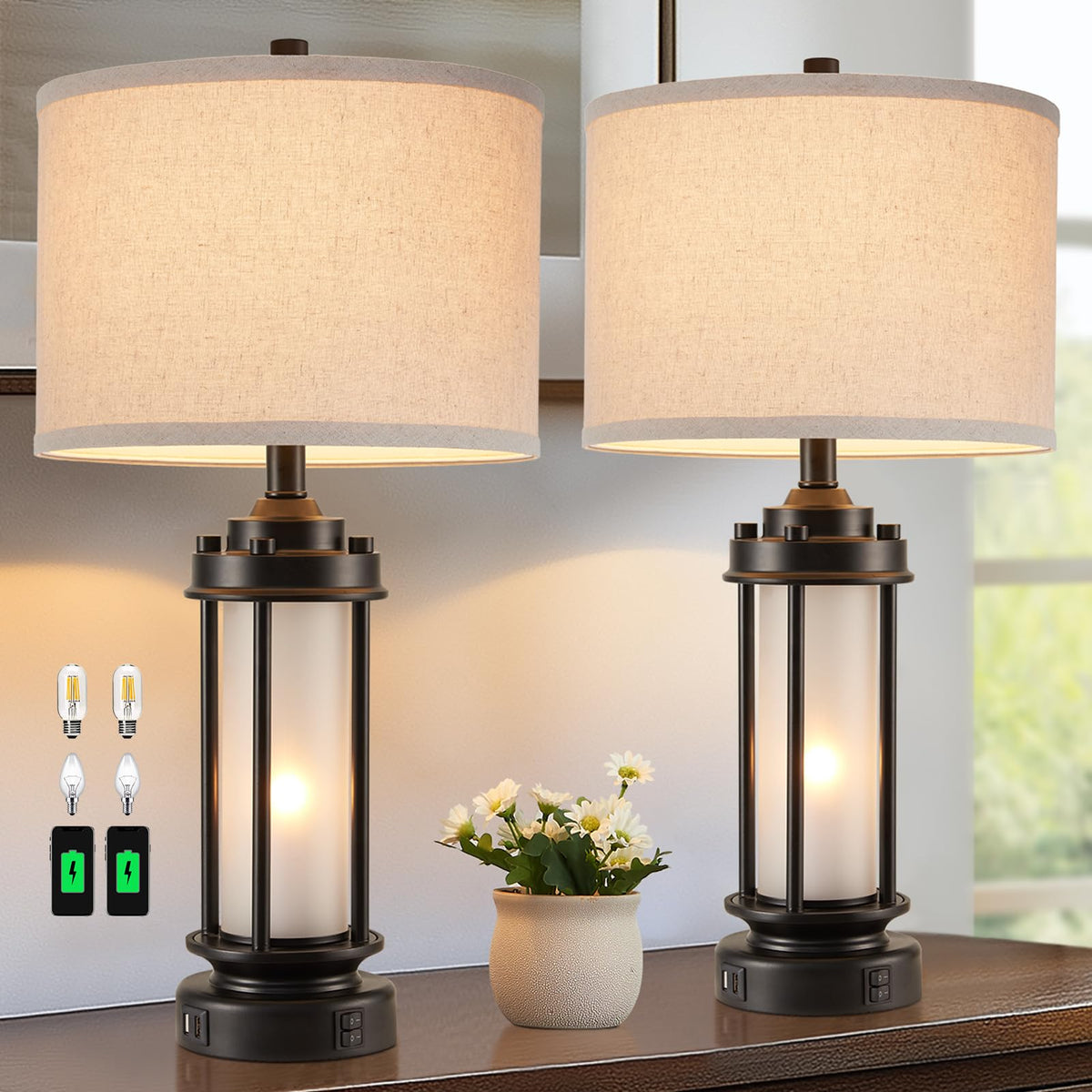 AIEAMPDO Set of 2 Farmhouse Table Lamps for Living Room with USB C+A Ports