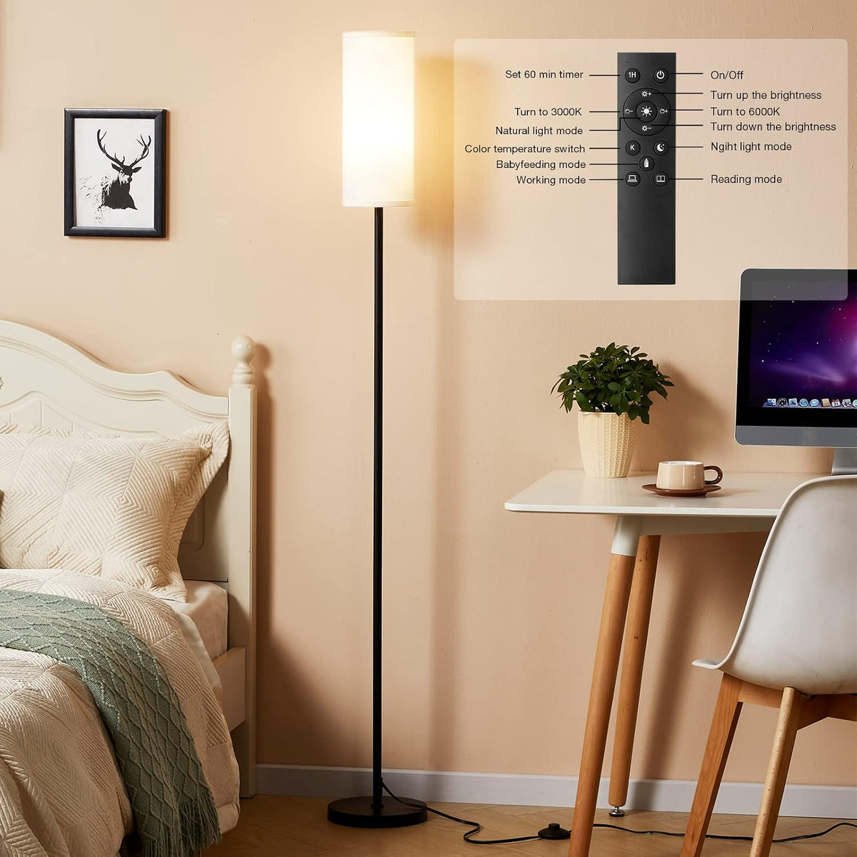 Ambimall 64" Modern Floor Lamp with Remote Control, 9W Bulb Included