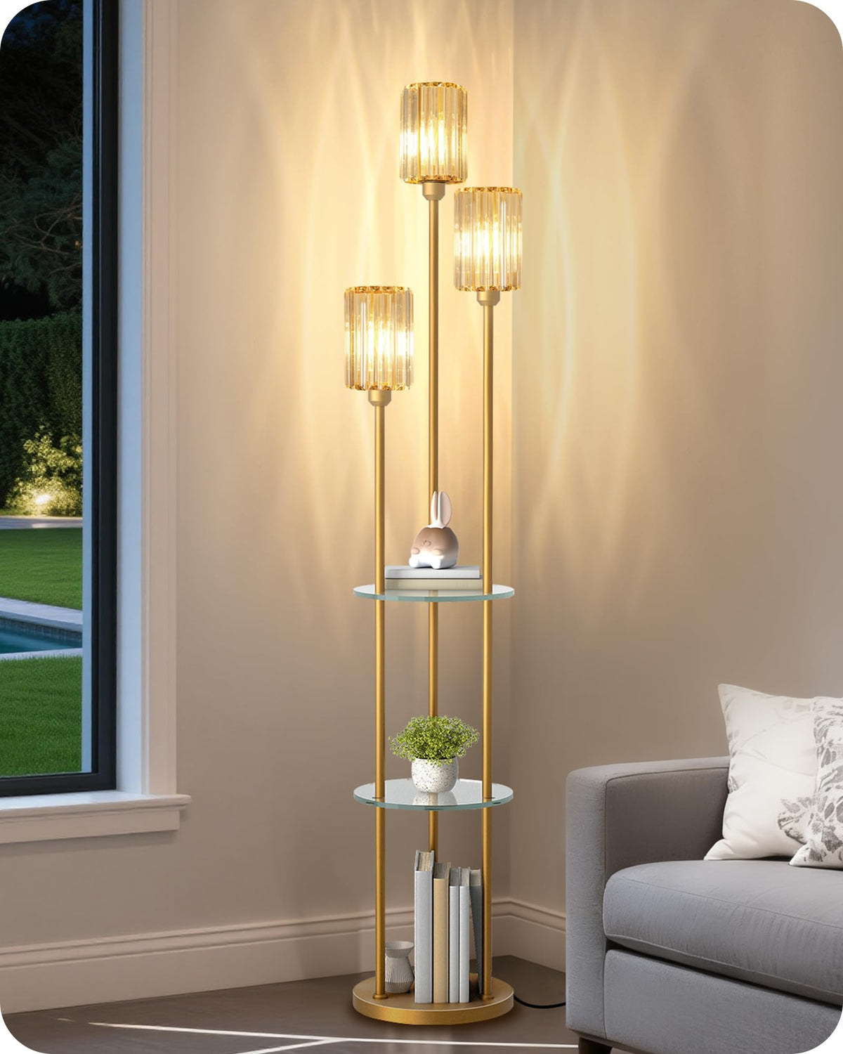 70.9" Floor Lamp with Shelves, Modern Floor Lamp with 3 Linen Shades and Foot Switch, 3-Light Standing Lamp, for Living Room, Bedroom, Study, Office, Rustic Brown and Beige EF53LD05