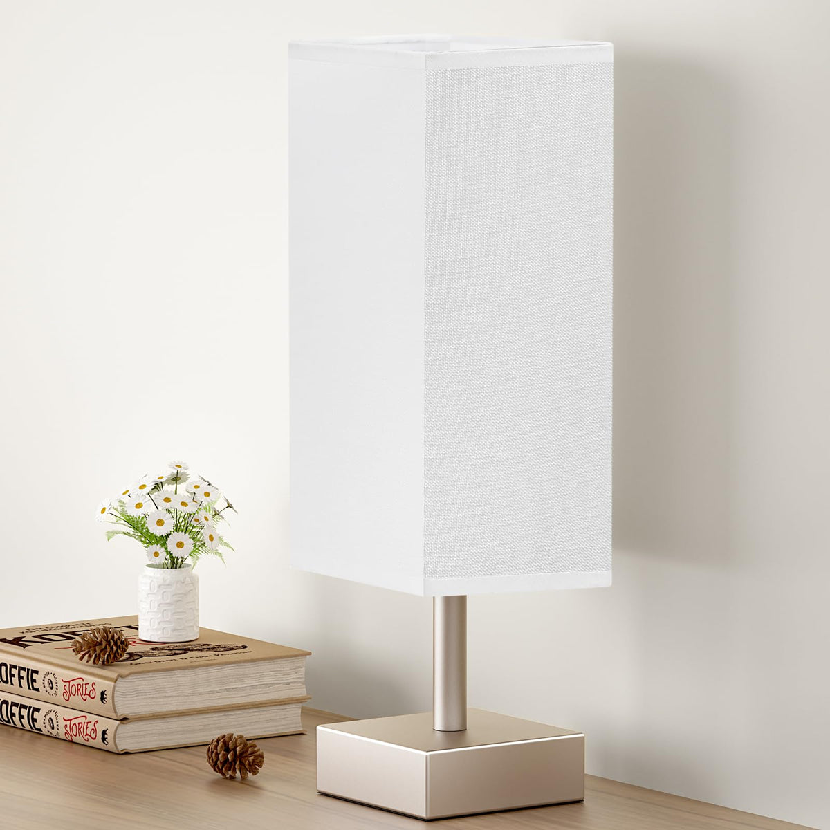 aooshine Small Bedside Table Lamp for Bedroom - Square Cream Fabric Shade