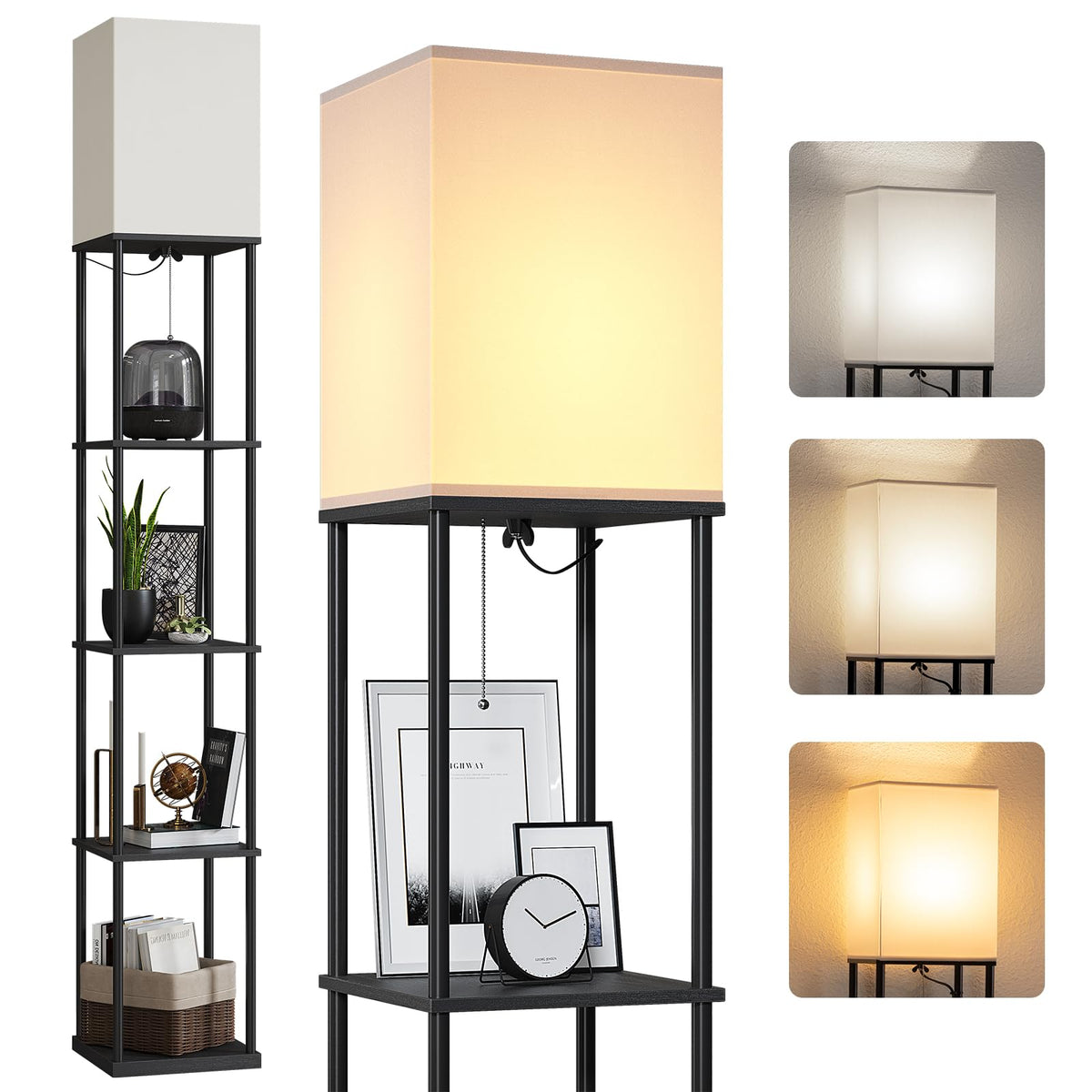 SUNMORY Floor Lamp with Shelves, Standing Lamps for Living Room, Black