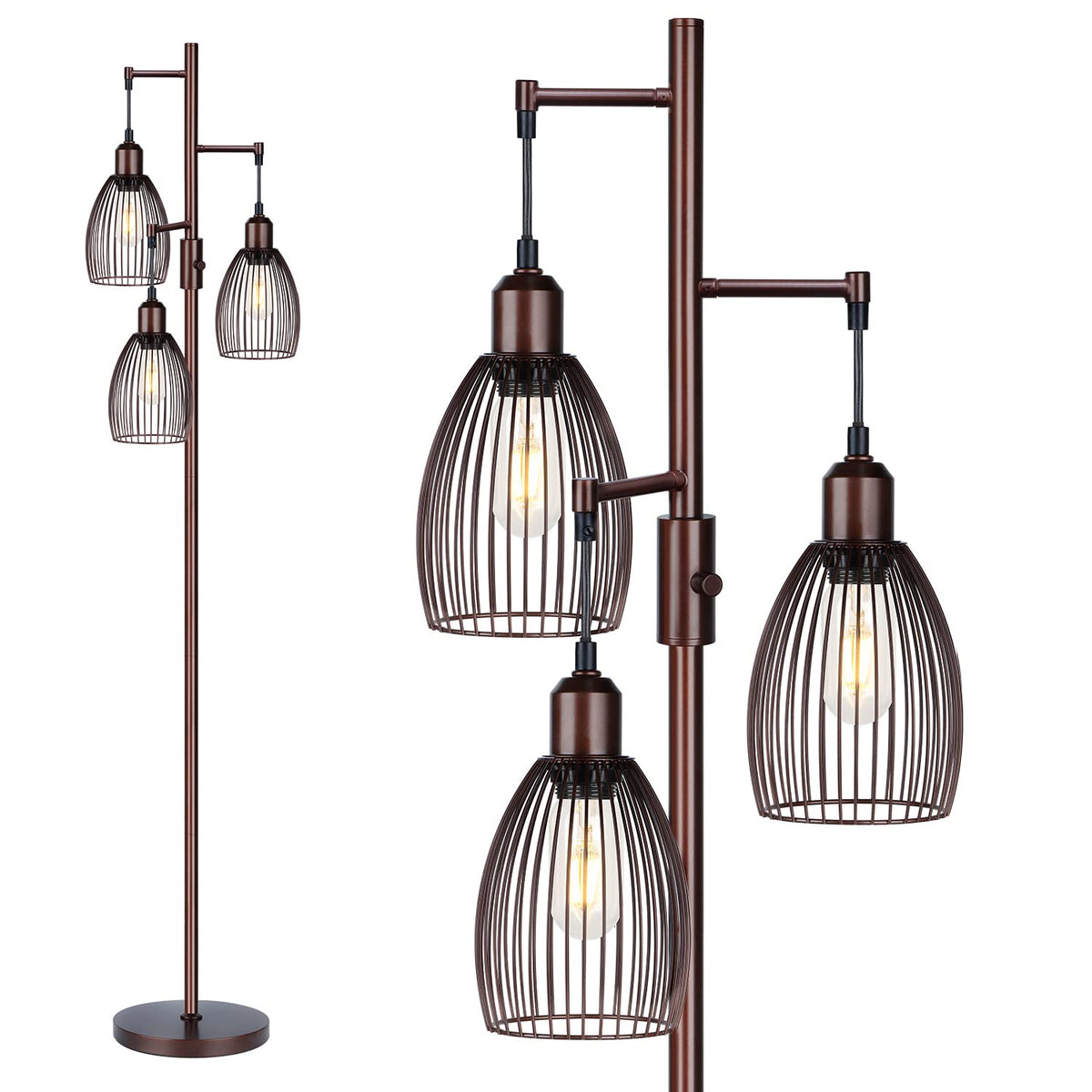 Dimmable Floor Lamp, Industrial Floor Lamps for Living Room, Gold Tree Lamp Standing Lamp Tall Lamps with 3 Elegant Teardrop Cage Head & 800 Lumens LED Bulbs for Living room Bedroom Office Dining Room