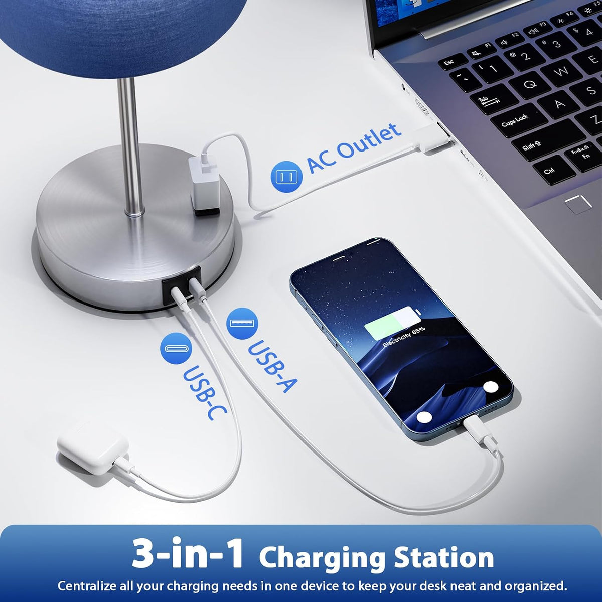 Fenmzee Touch Lamps for Bedroom Set of 2 - Dimmable, USB C+A, AC Outlet