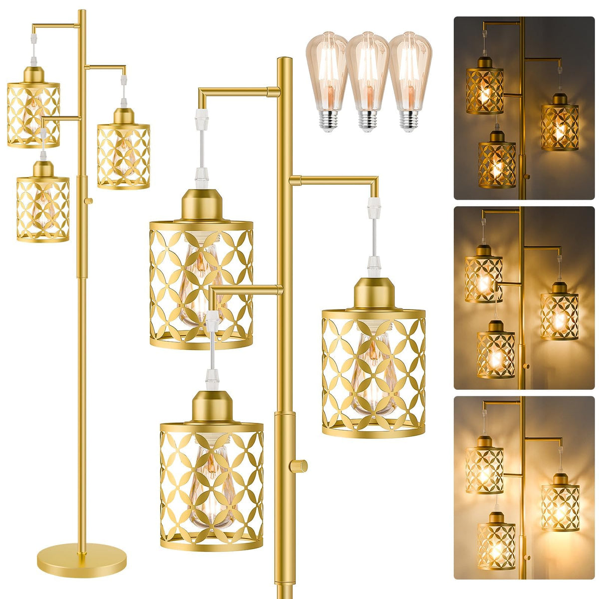 68" Industrial Tree Floor Lamp, Dimmable Farmhouse Tall Standing Lamp with Quatrefoil Cutout Shades & Rotary Dimmer Knob, Corner Light for Living Room Bedroom, 3 x800LM Bulbs Included-Black