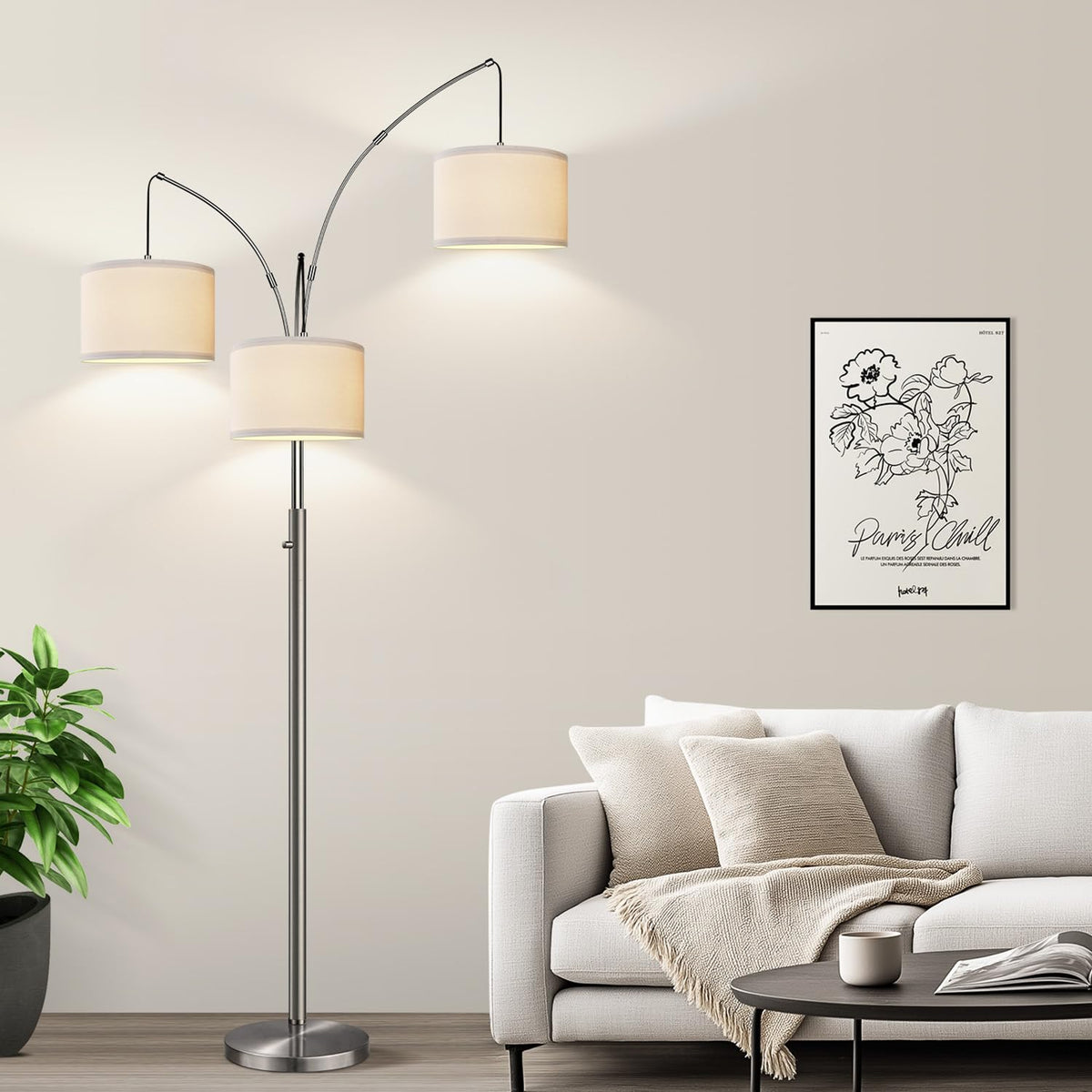 Dimmable Floor Lamp, 3 Lights Black Arc Floor Lamp, Modern Tall Standing Tree Lamp with Grey Linen Shades & Heavy Base, 3000LM LED Bulbs, Bright Lighting for Living Room, Bedroom, Office & Reading