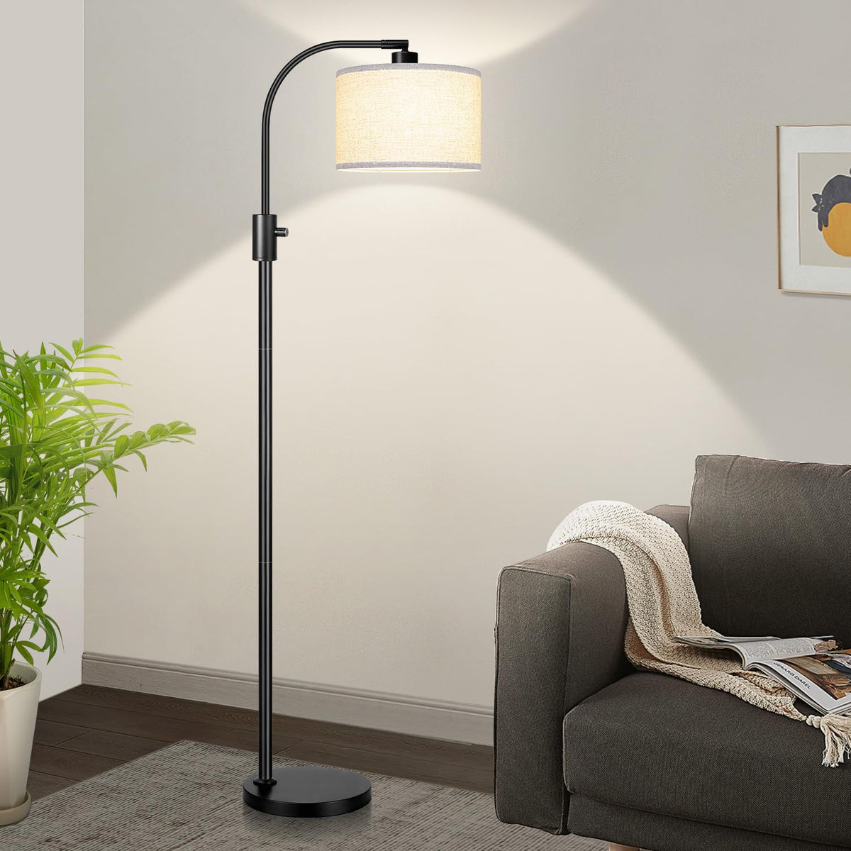 Nintiue Upgraded Modern Arc Dimmable Tall Standing Floor Lamp with Linen Shade, 1200 Lumens LED Bulb Included, for Living & Reading Room, Bedroom, Office & Nursery, Brushed Nickel